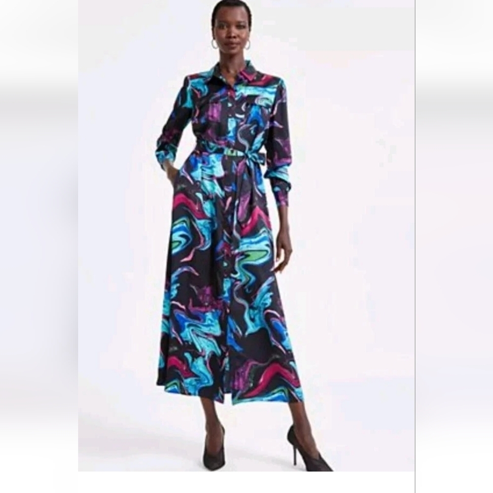 Inc International Satin Shirt Dress  XS Women Button Up Pockets Colorful No Belt